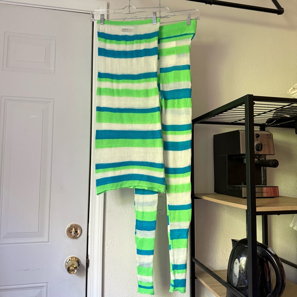 New SINEAD GOREY green white blue striped crochet stretch dress skirt pant set